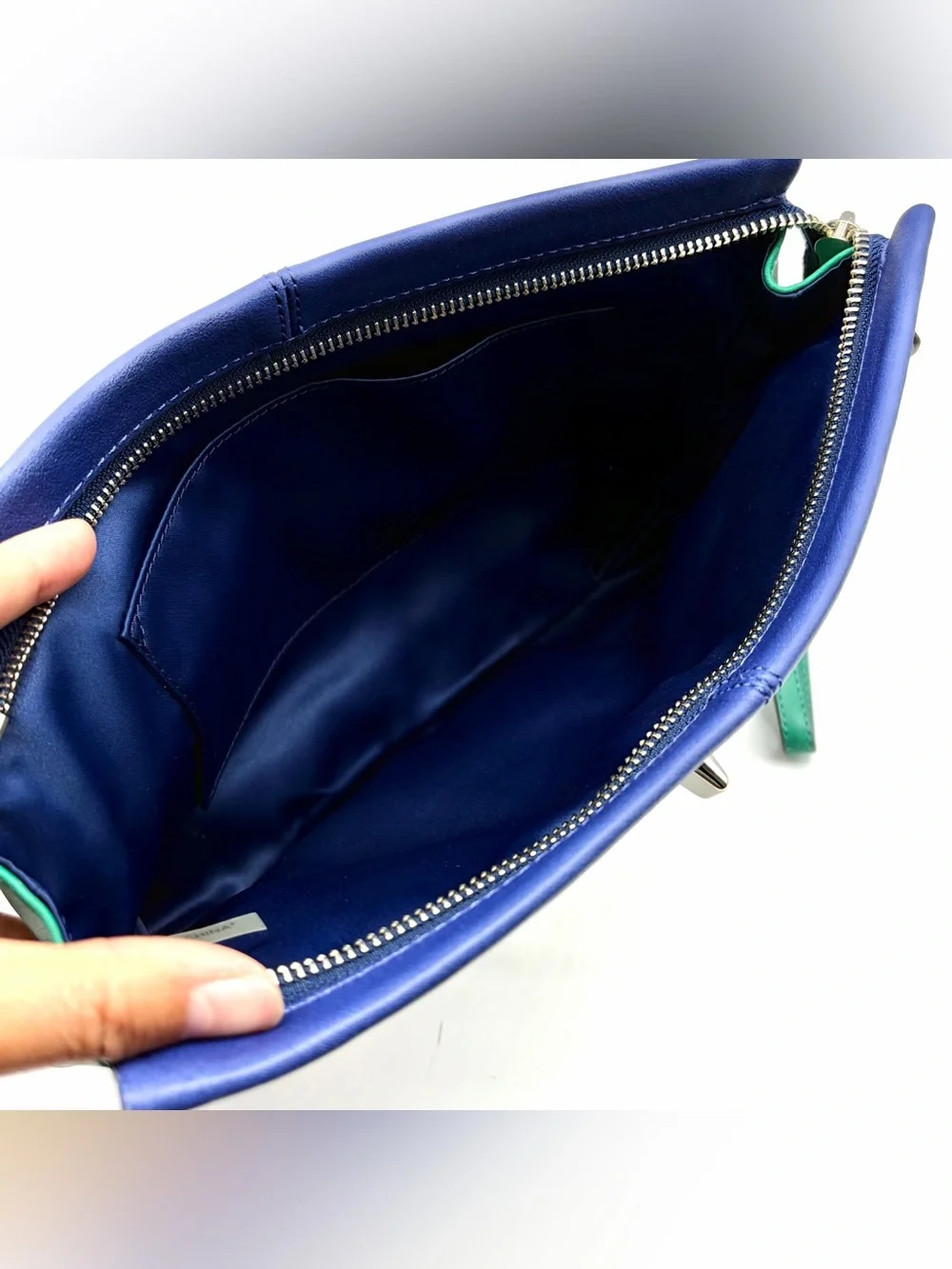 Coach Navy, White & Green Leather Color Block Large Wristlet Clutch Bag Zip Lock